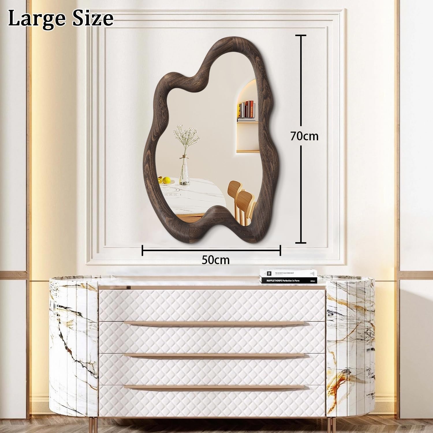 Large 80x60cm Irregular Wall Mirror Vintage Wood Frame for Bedroom Hall