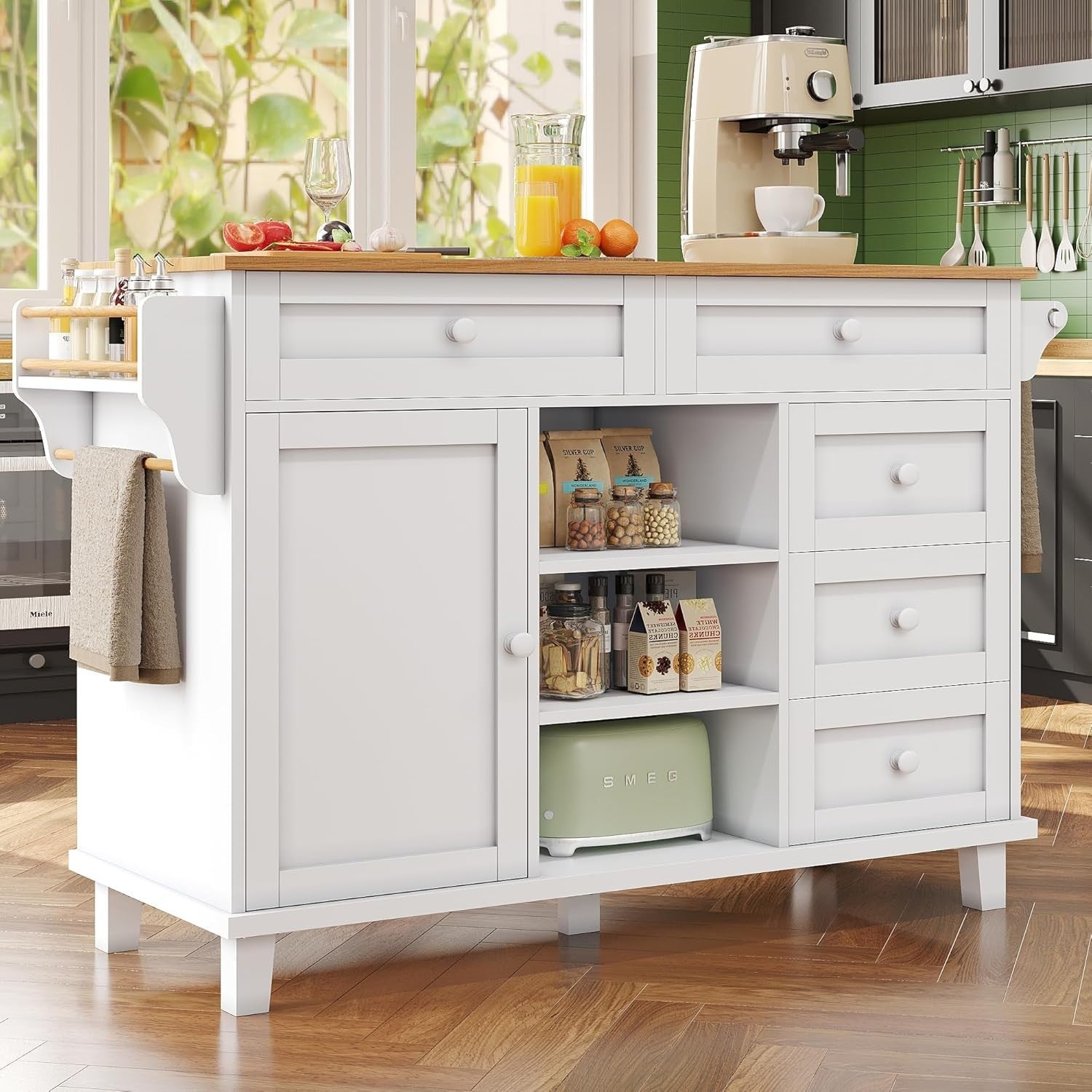 White Rolling Kitchen Island Trolley with 5 Drawers & Shelves | 134cm