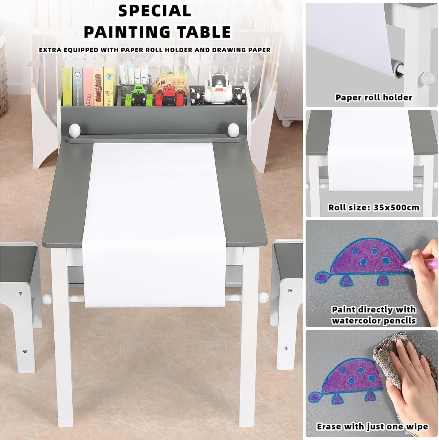 Kids Art Table & Chairs Set with Storage Boxes, Paper Roll Holder, Drawing Desk