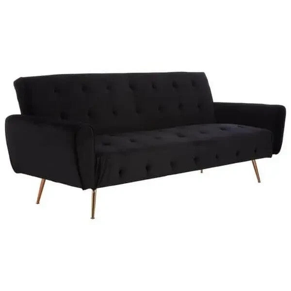 Black Velvet Sofa Bed 3 Seater Gold Legs Tufted Modern Luxury Sleeper