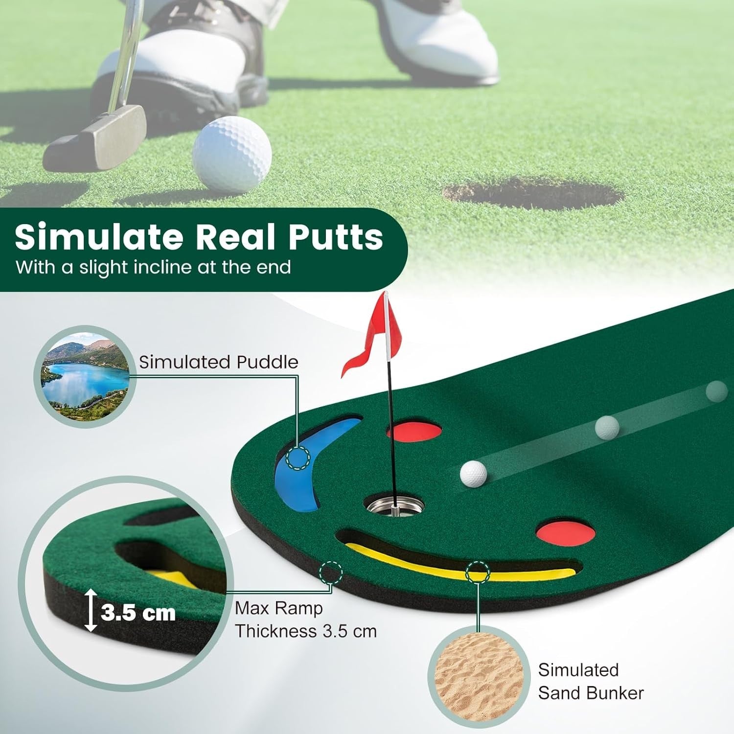 Golf Putting Green Mat Indoor Outdoor Training Set 3 Holes Flag Practice