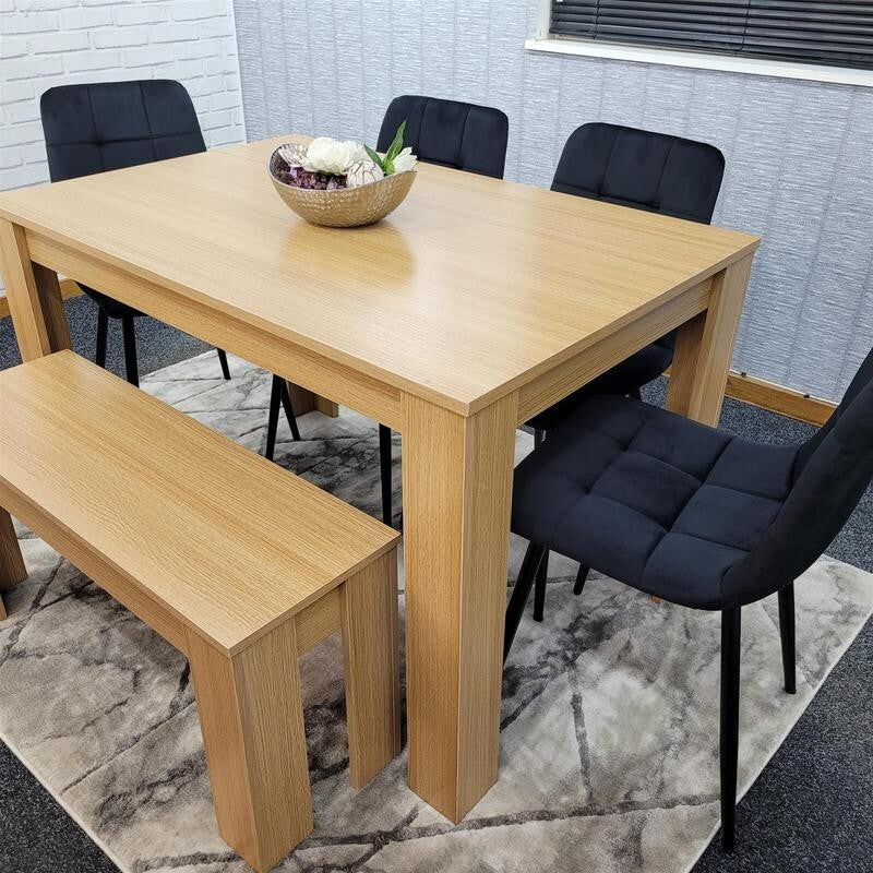6 Seater Oak Dining Table Set with 4 Black Chairs & Wooden Bench Modern