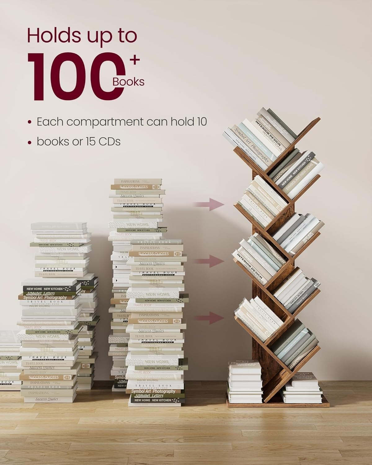 9 Tier Tree Bookshelf Rustic Brown Tall Space Saving Corner Bookcase 141cm