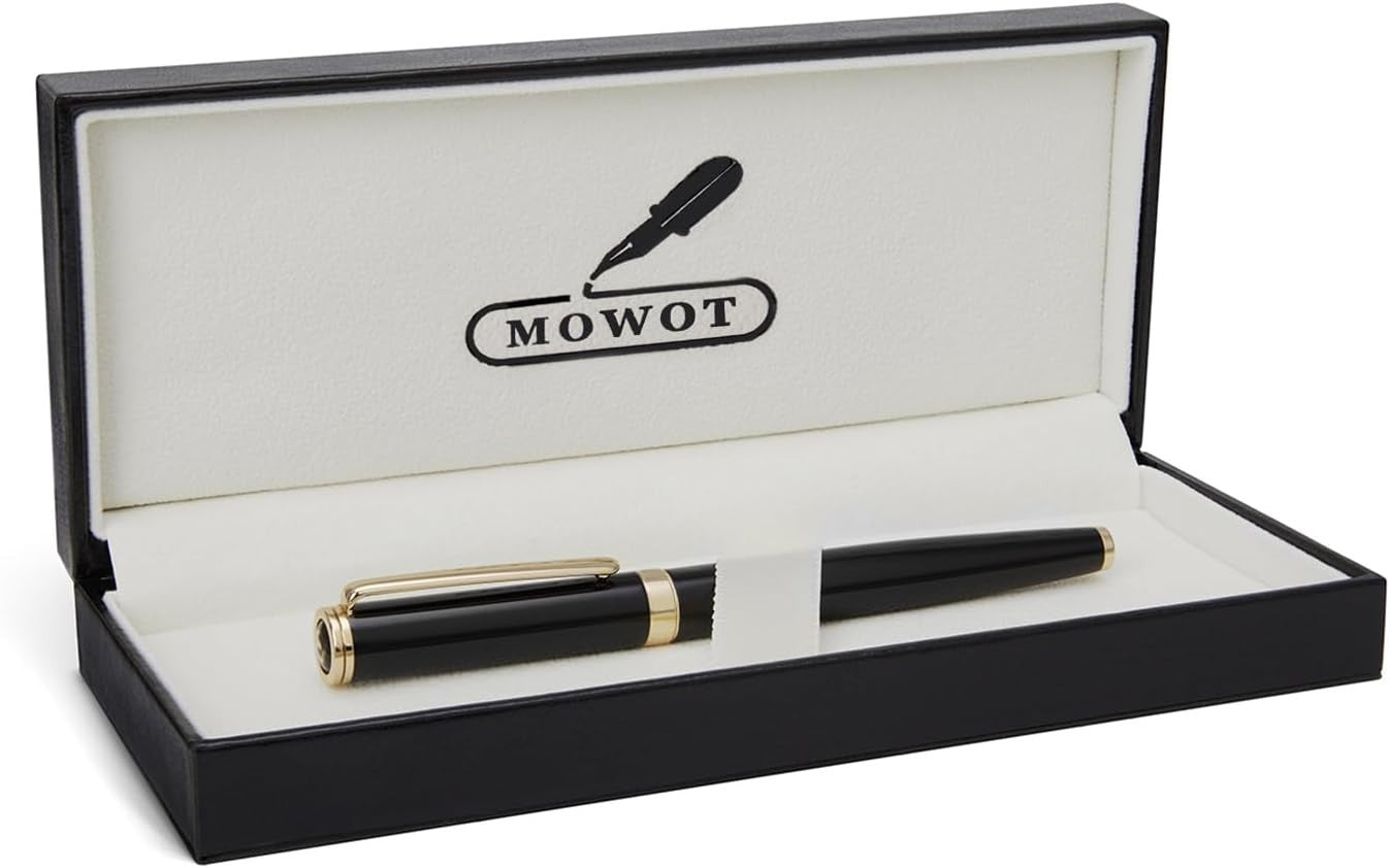 Luxury Rollerball Pen Black 24K Gold Trim Refillable Metal Rubber Model