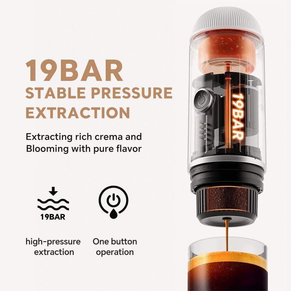 Portable 19Bar Espresso Maker USB-C Self-Heating Travel Coffee Machine White