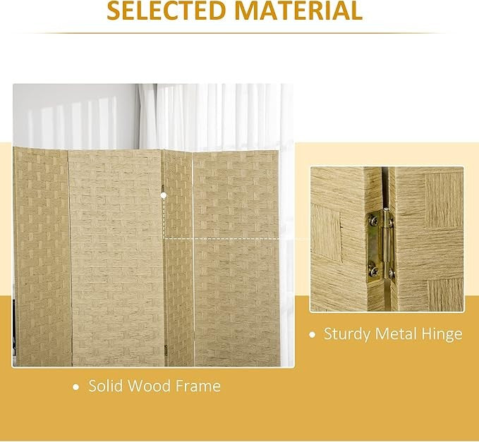 4 Panel Folding Room Divider – Brown Woven Privacy Screen for Bedroom