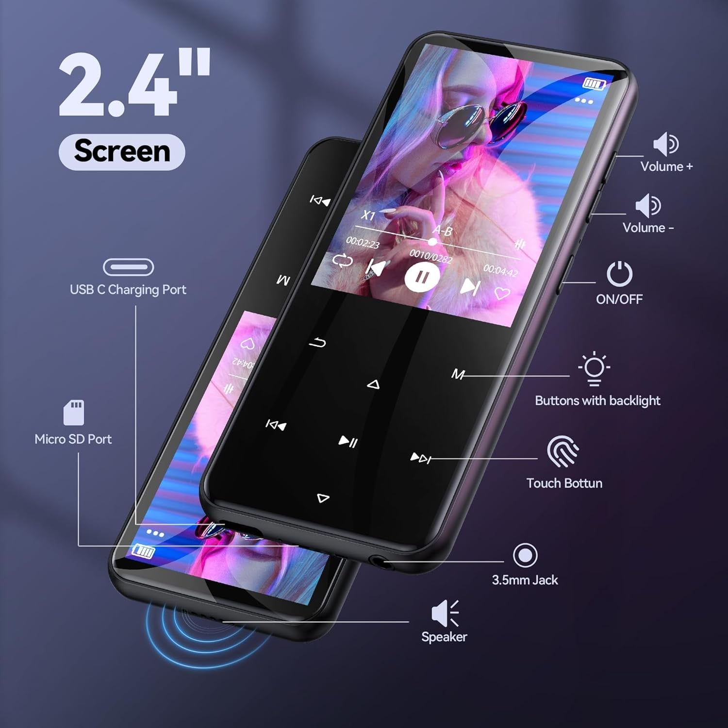 64GB MP3 Player Bluetooth 5.3 2.4" Screen FM Speaker