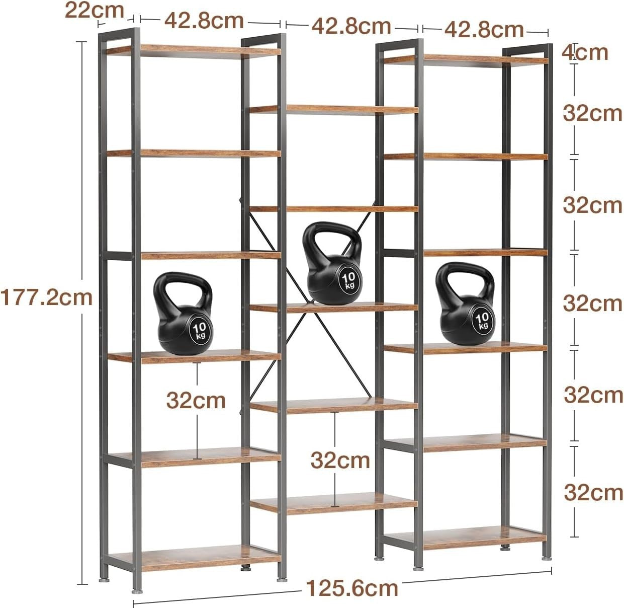 6 Tier Triple Bookshelf Industrial 14 Shelf Wide Bookcase Rustic Brown