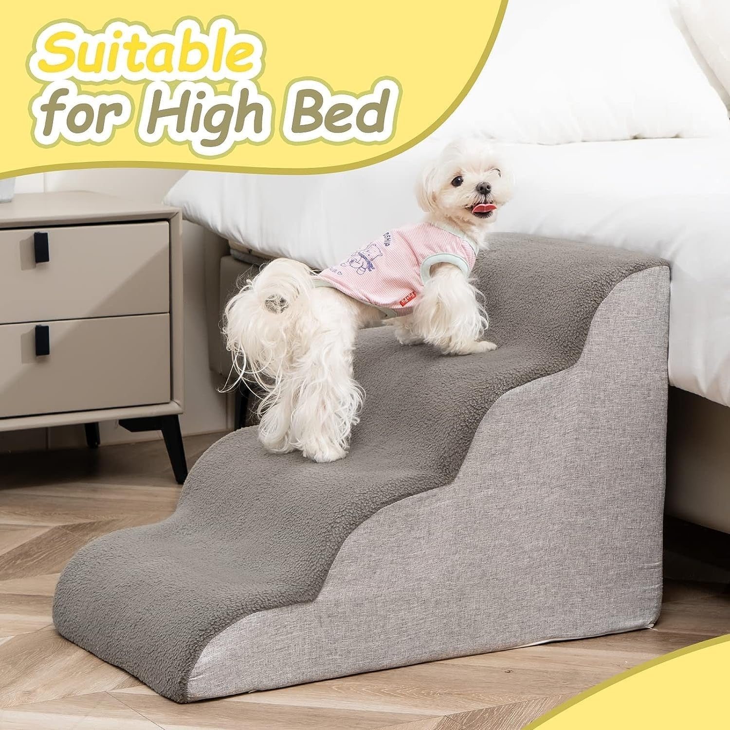 4 Tier Dog Stairs for Bed Non Slip Foam Pet Ramp Grey