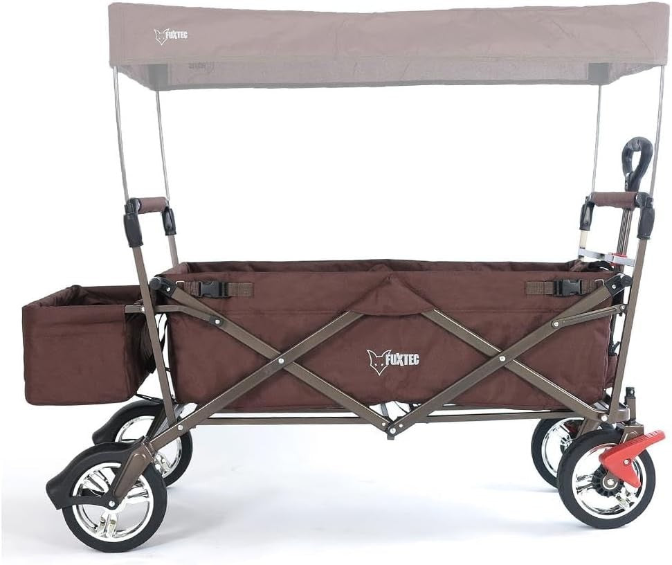 Brown Kids Folding Wagon Push Pull Stroller Cart w/ Canopy & Storage Bag