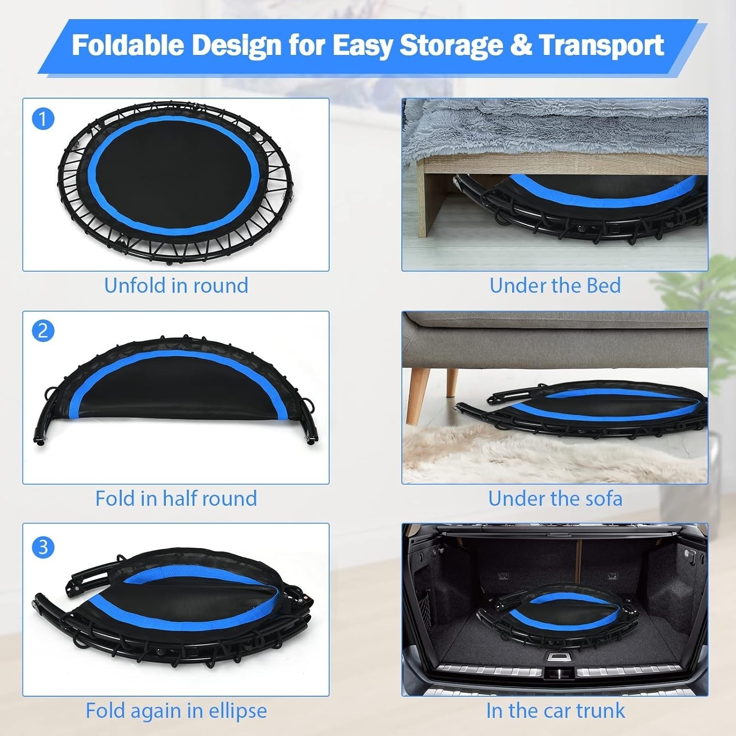 40in Foldable Mini Fitness Trampoline Adjustable Handle Bands
