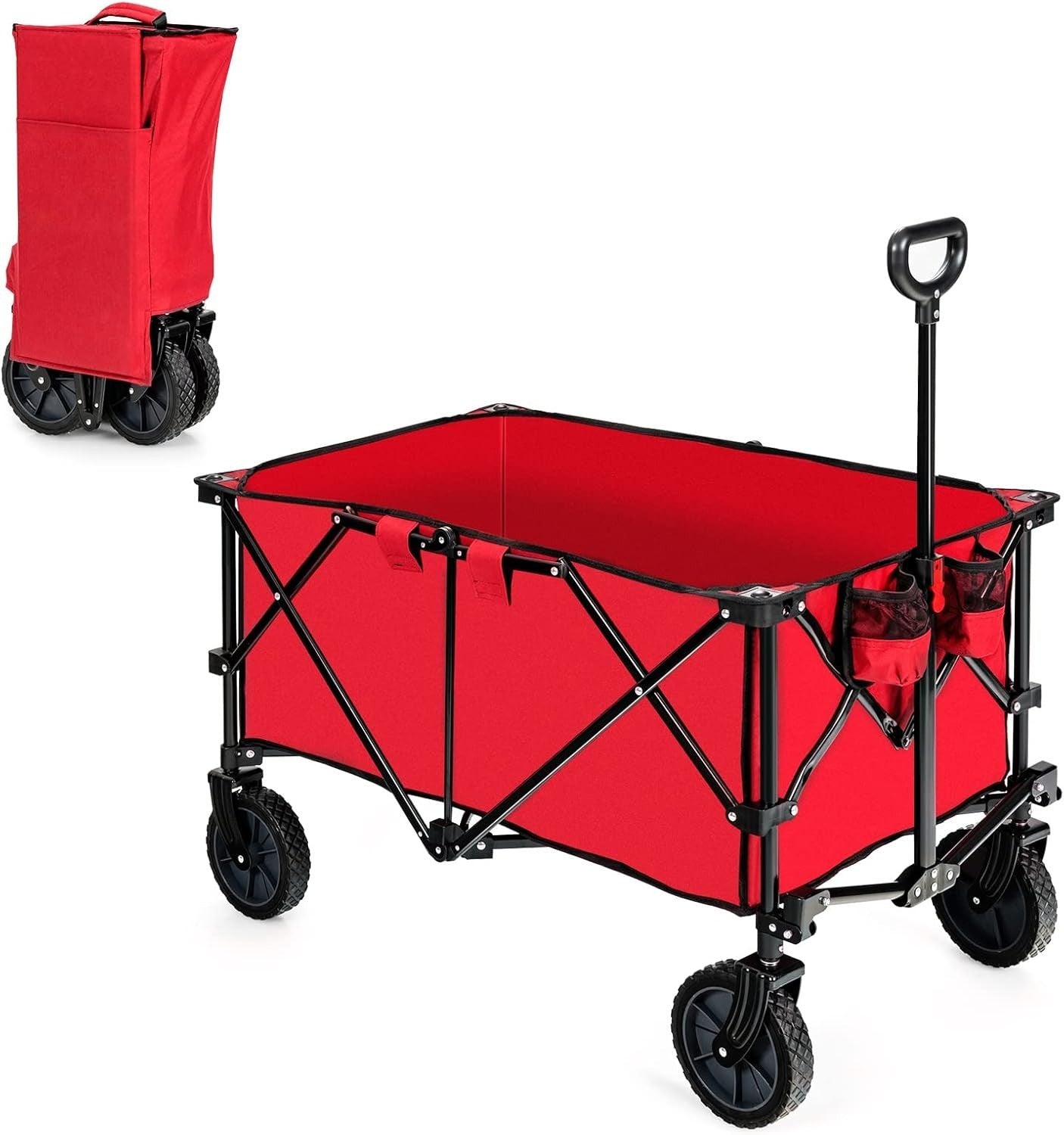 Folding Camping Wagon 87x50x38cm Heavy Duty Garden Cart Cup Holders Red