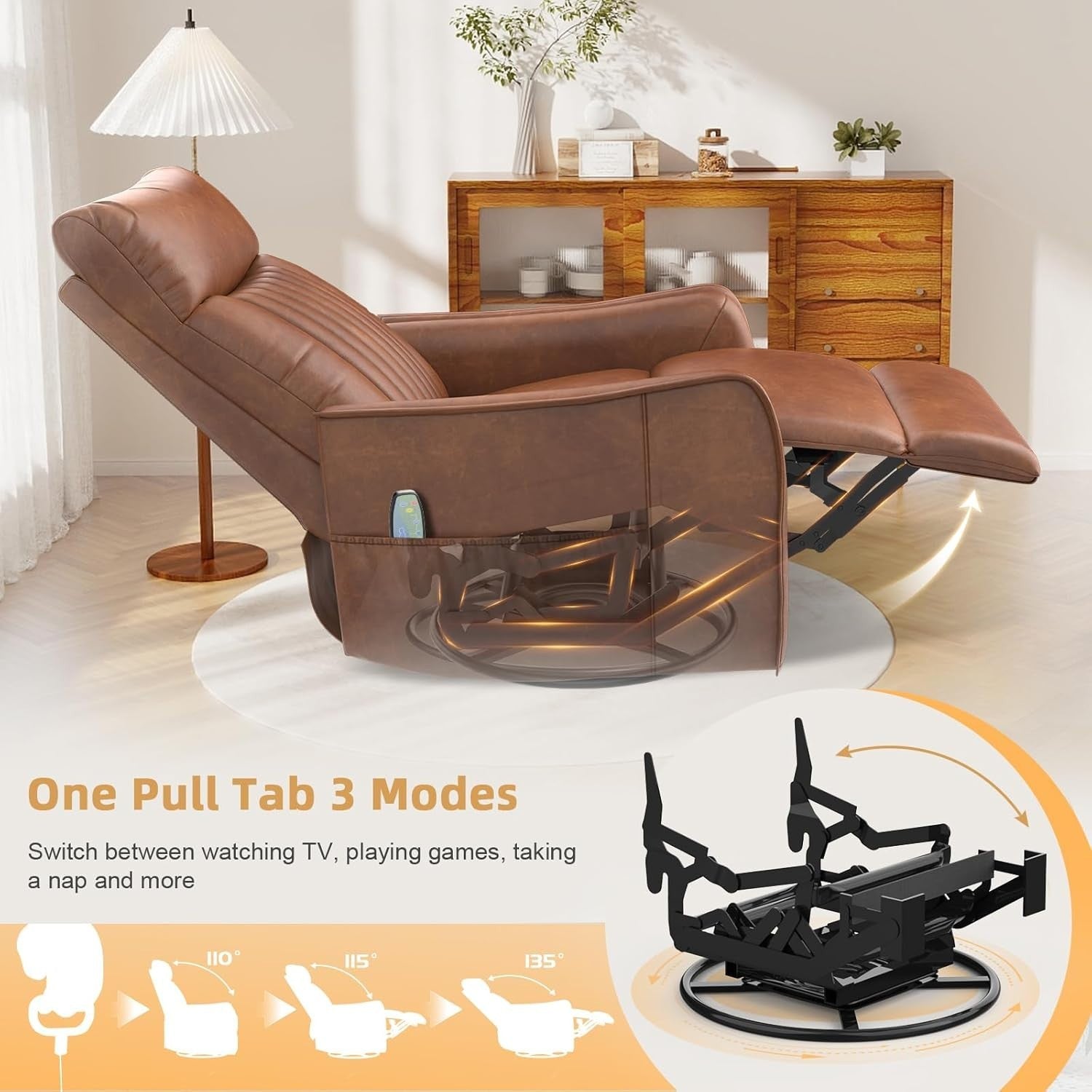 Swivel Rocking Recliner Chair Massage Heat 3-in-1 Footrest Dual Pockets Brown