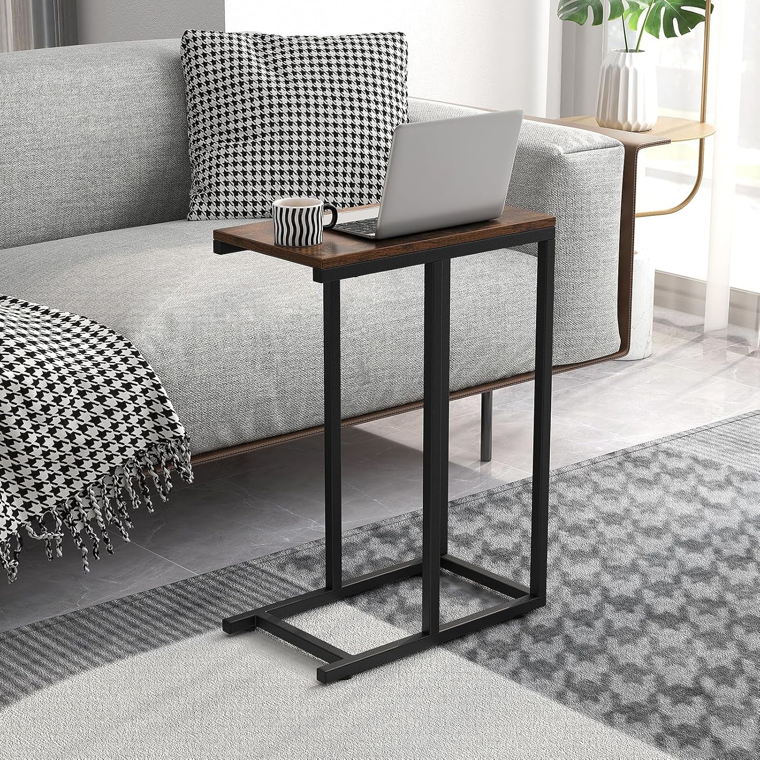 C-Shaped Side Table Rustic Brown | Industrial Sofa Laptop Snack Table 64cm