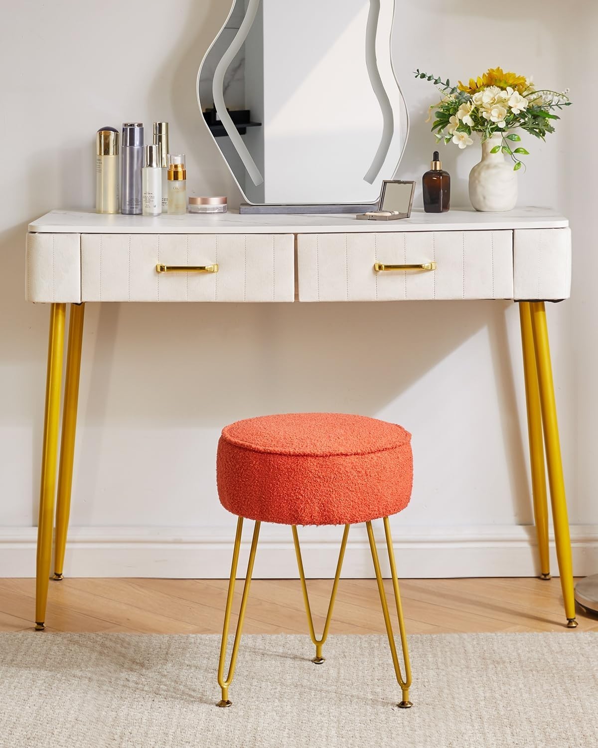 Orange Teddy Velvet Round Footrest Ottoman – Vanity Stool with Gold Legs