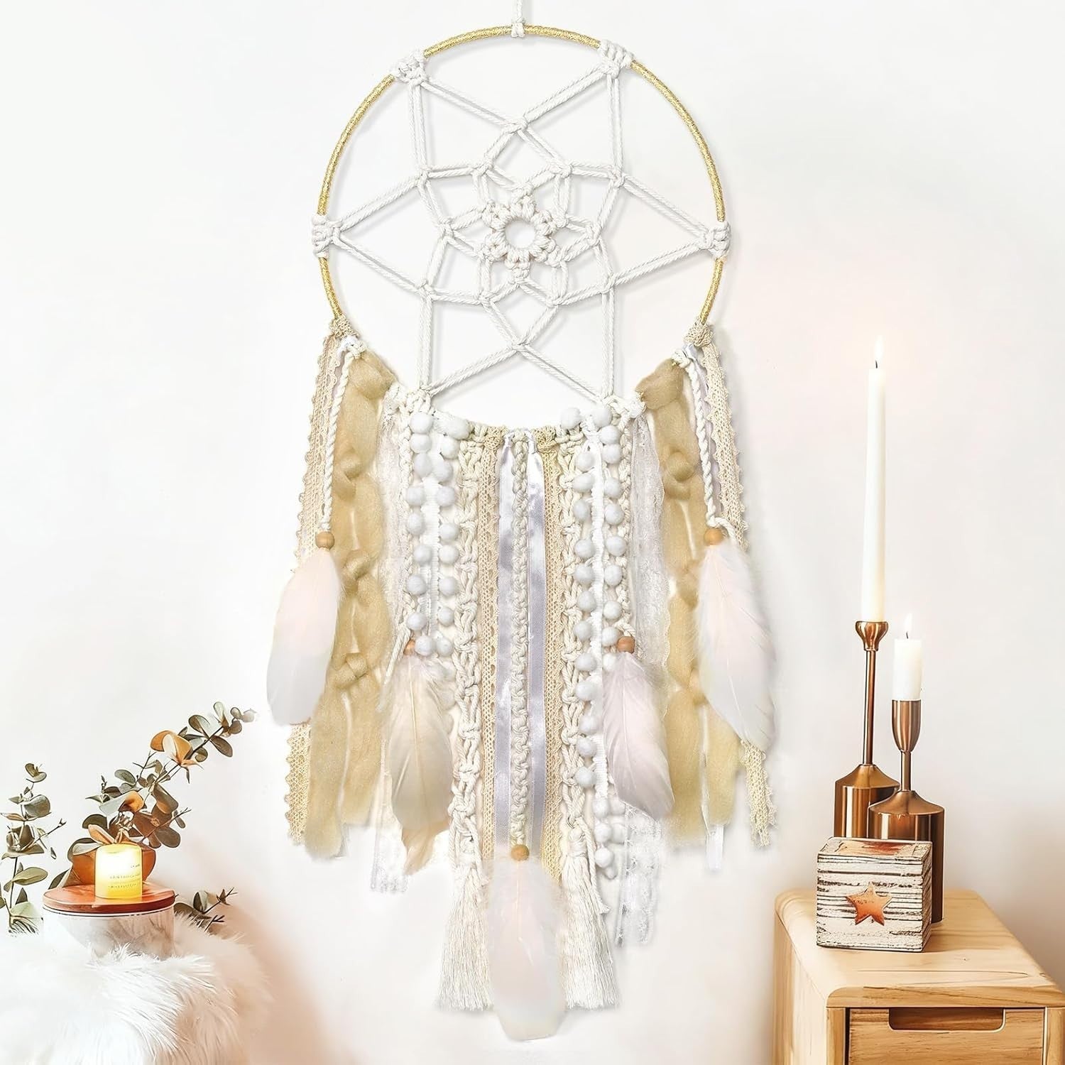 Boho Dream Catcher 64cm Woven Beige Feather Wall Hanging Decor