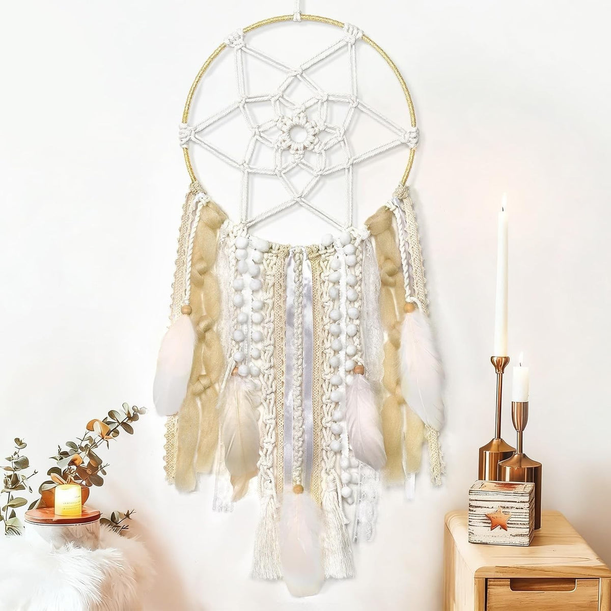 Boho Dream Catcher 64cm Woven Beige Feather Wall Hanging Decor