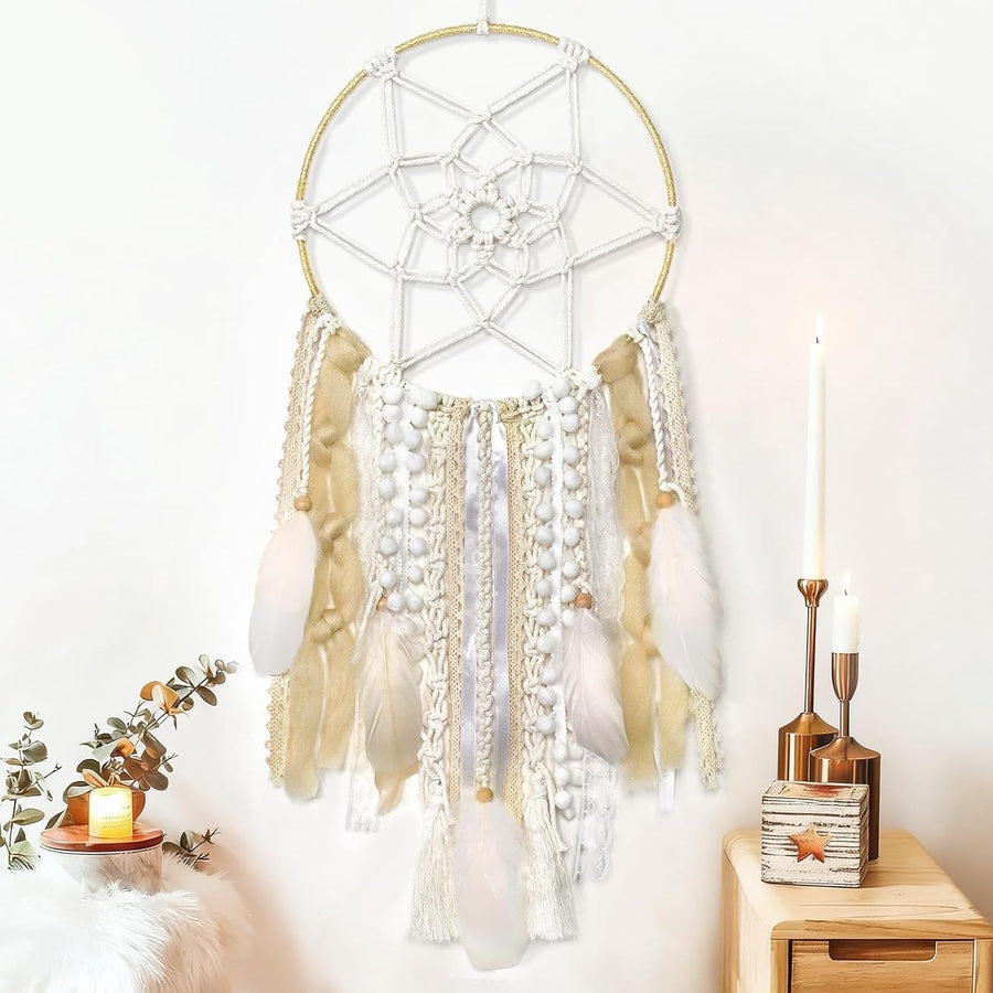 Boho Dream Catcher 64cm Woven Beige Feather Wall Hanging Decor