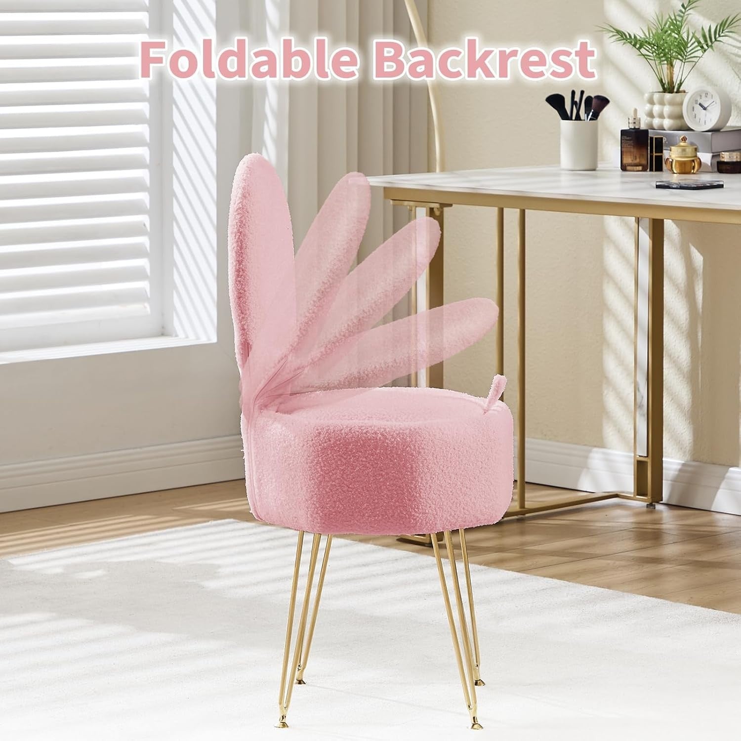 Pink Sherpa Vanity Chair with Storage & Foldable Back – Makeup Stool