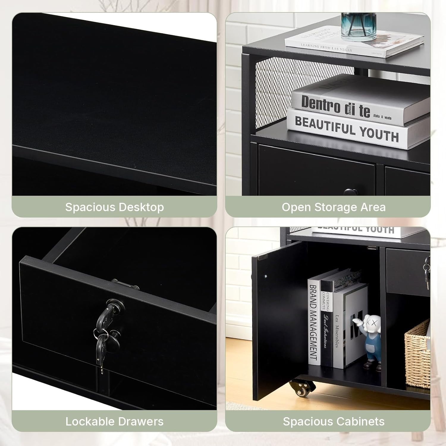 Black Mobile File Cabinet w/ Charging Station Lockable Drawer Printer Stand