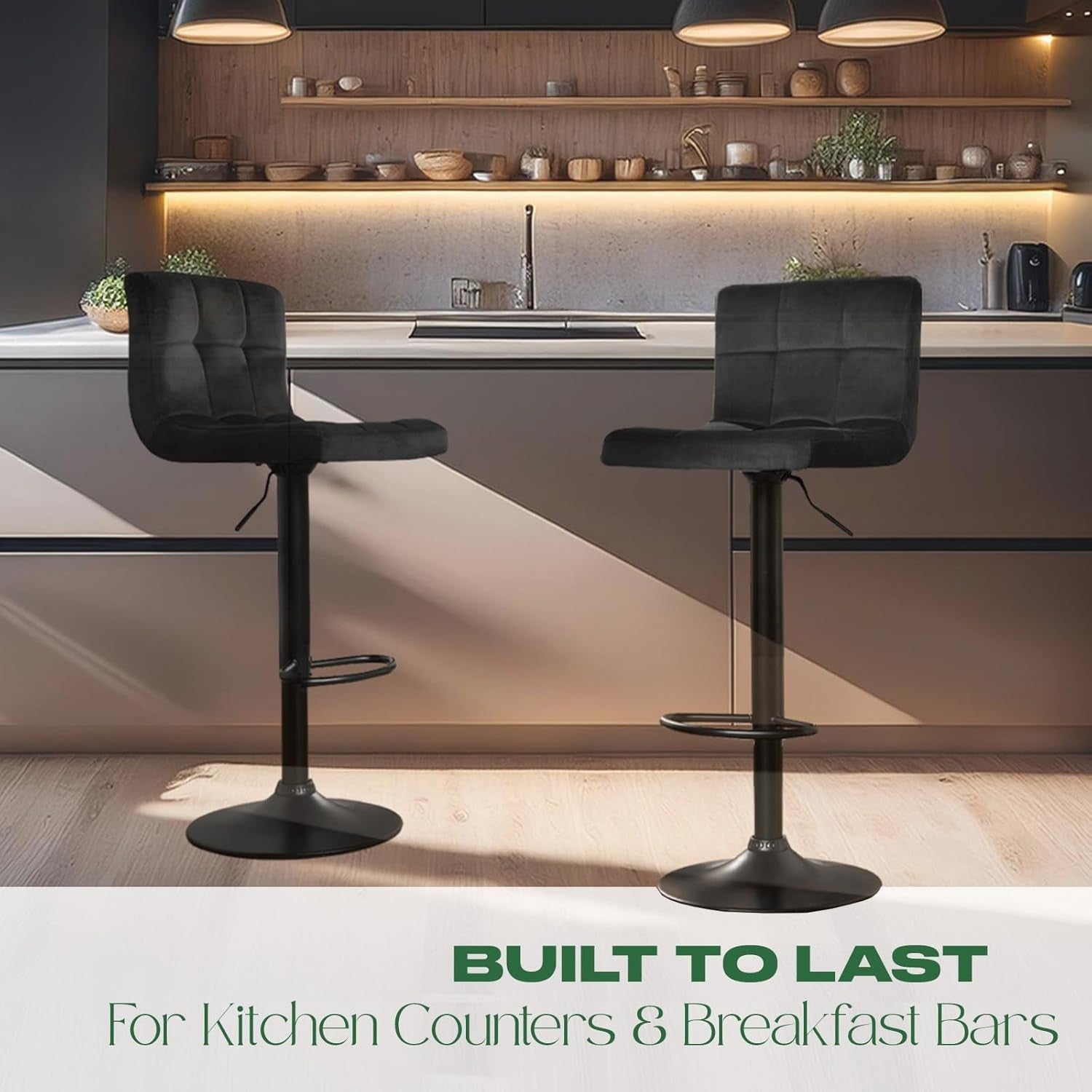 Set of 2 Adjustable Black & White Velvet Bar Stools with Swivel & Footrest
