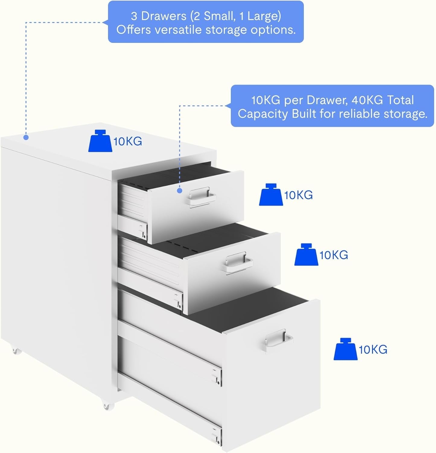 White Mobile Filing Cabinet 3 Drawer A4 Under Desk Printer Stand