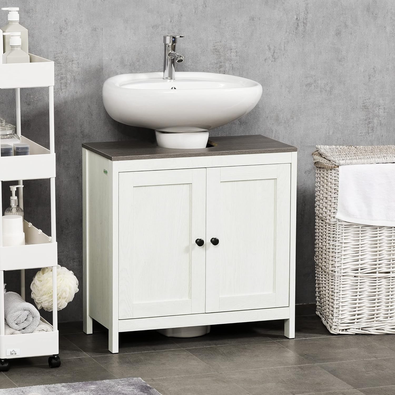 Under Sink Bathroom Cabinet Grey 60cm, Double Doors, Freestanding Storage Unit