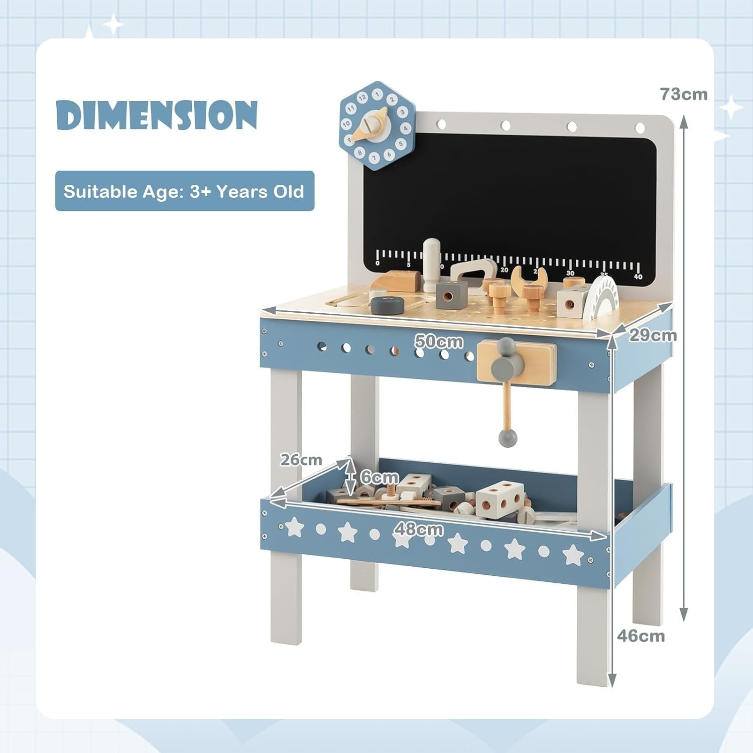 Wooden Kids Workbench Tool Set 75pcs w/ Blackboard Clock Storage Shelf 50x29