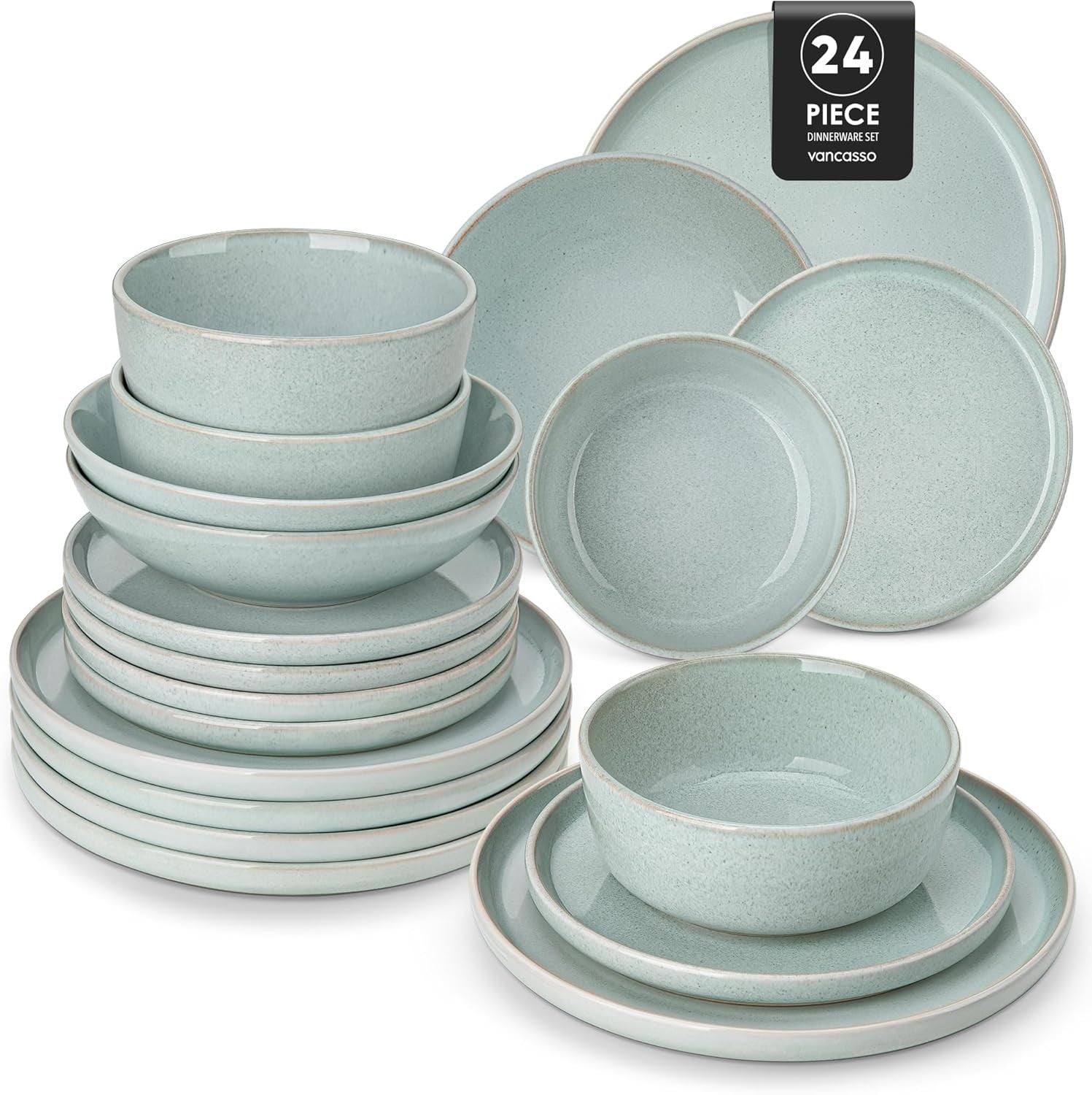 24pc Ceramic Dinner Set Mint Green Plates Bowls Microwave Dishwasher Safe