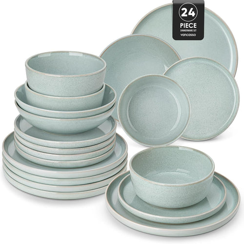 24pc Ceramic Dinner Set Mint Green Plates Bowls Microwave Dishwasher Safe