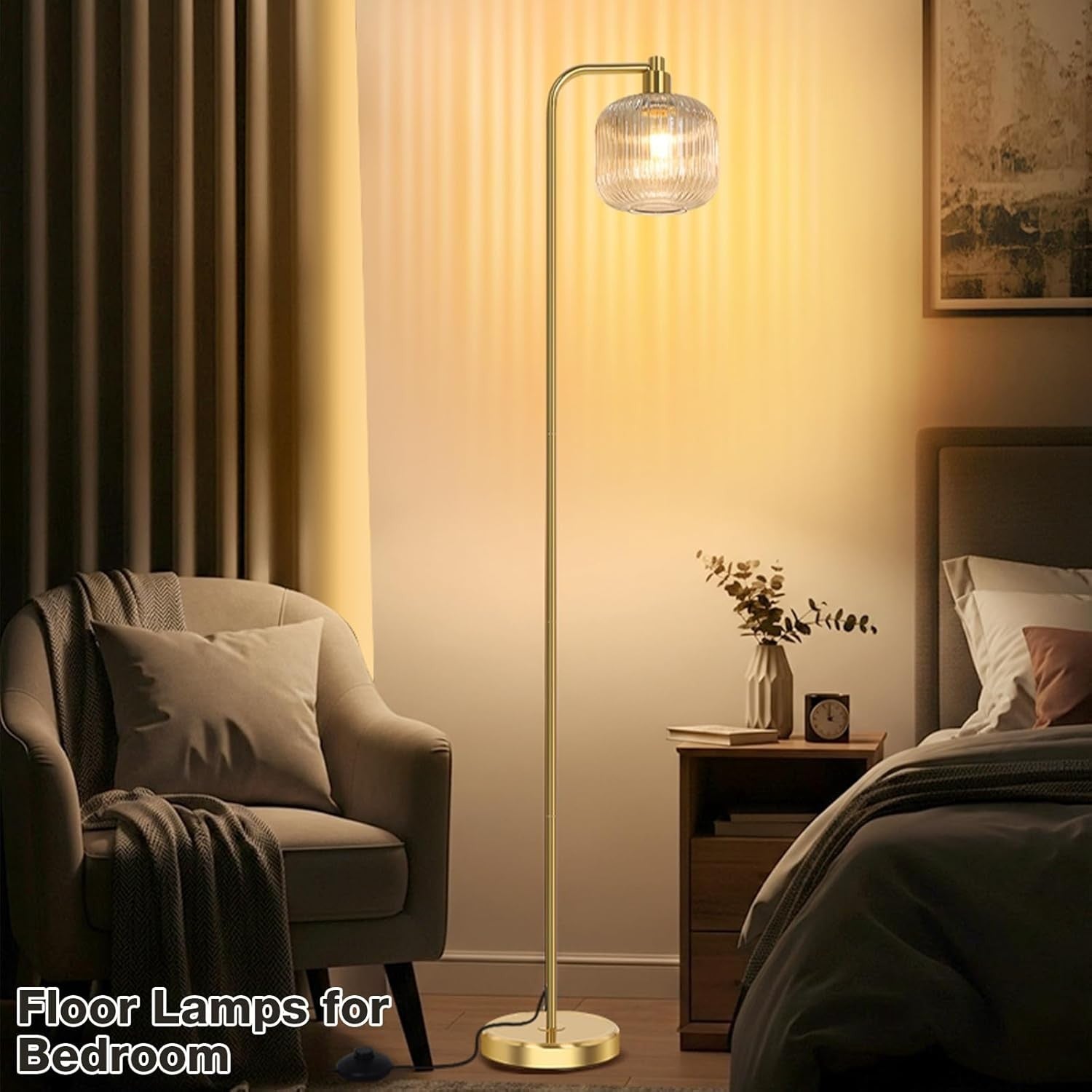 Modern Floor Lamp Tall Standing Light Pedal Switch Glass Shade Living Room