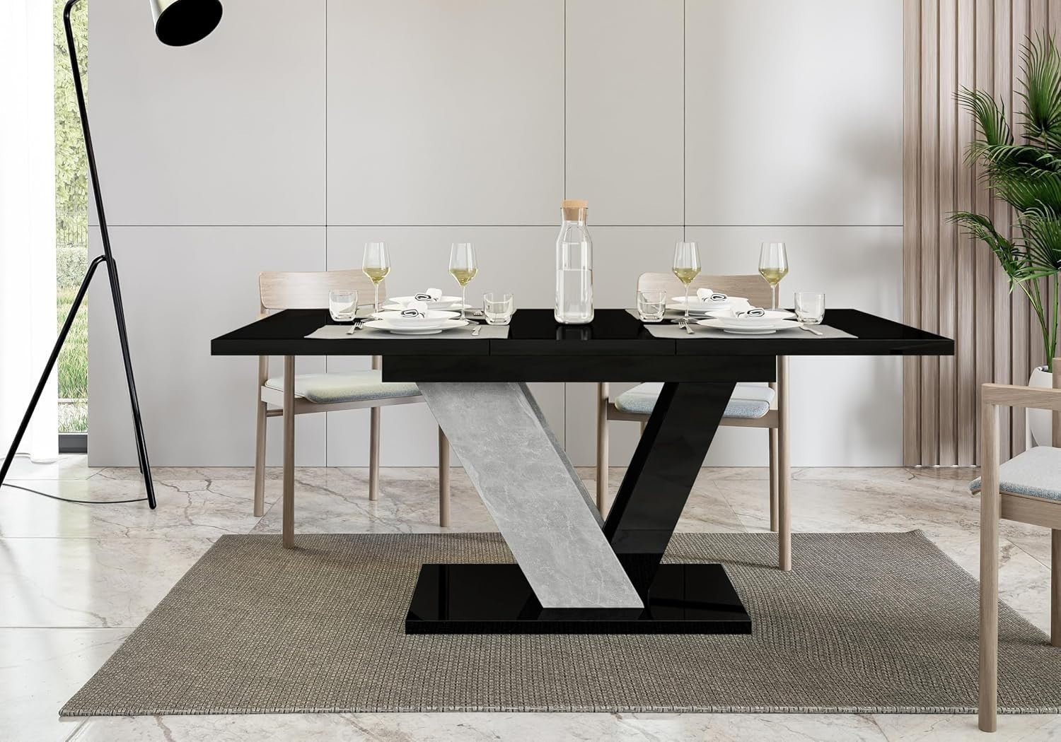 Extendable Marble Dining Table Black White Gloss 6 Seater Modern 160cm