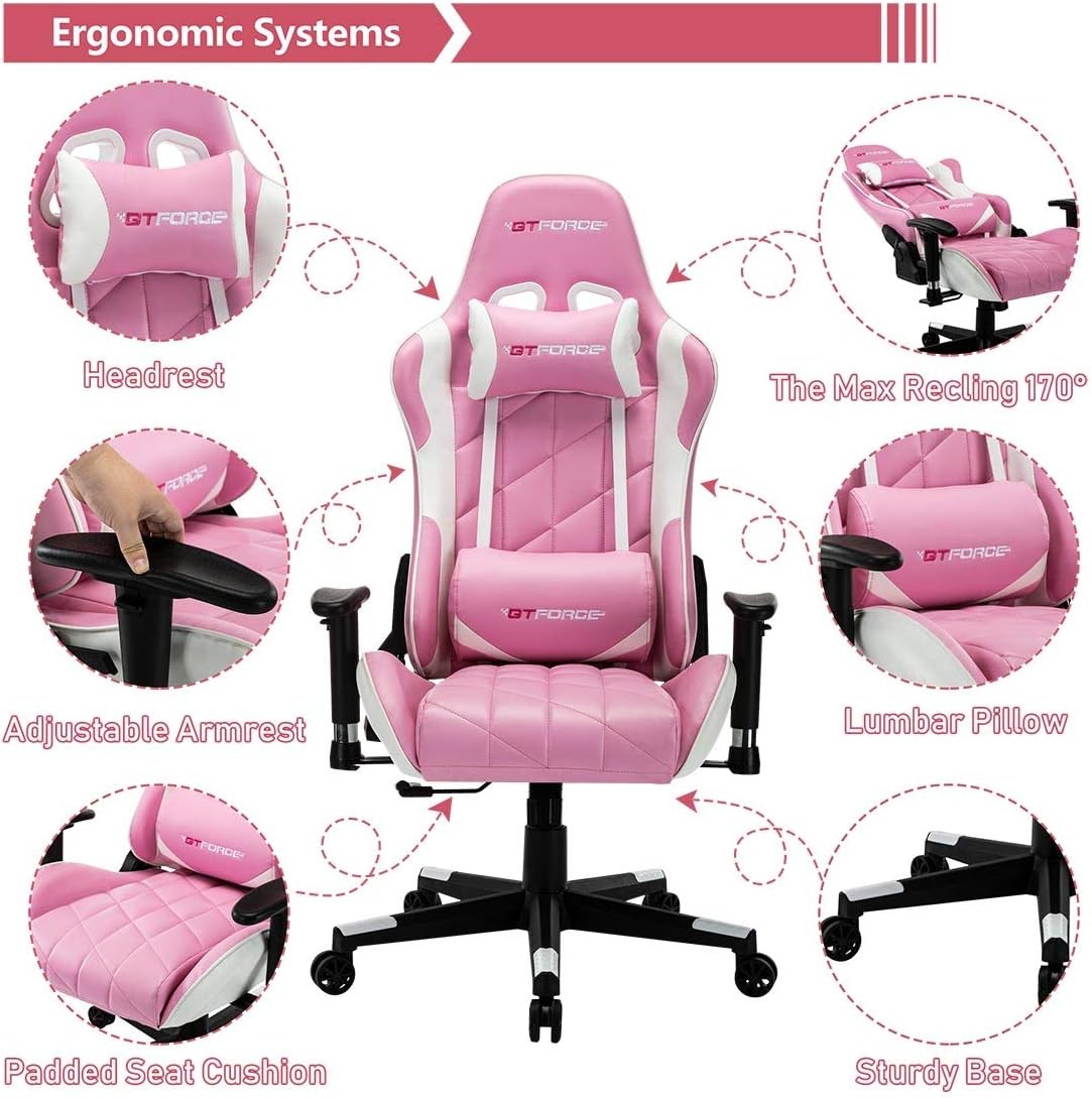 Reclining Gaming Chair Faux Leather Swivel High Back Pink