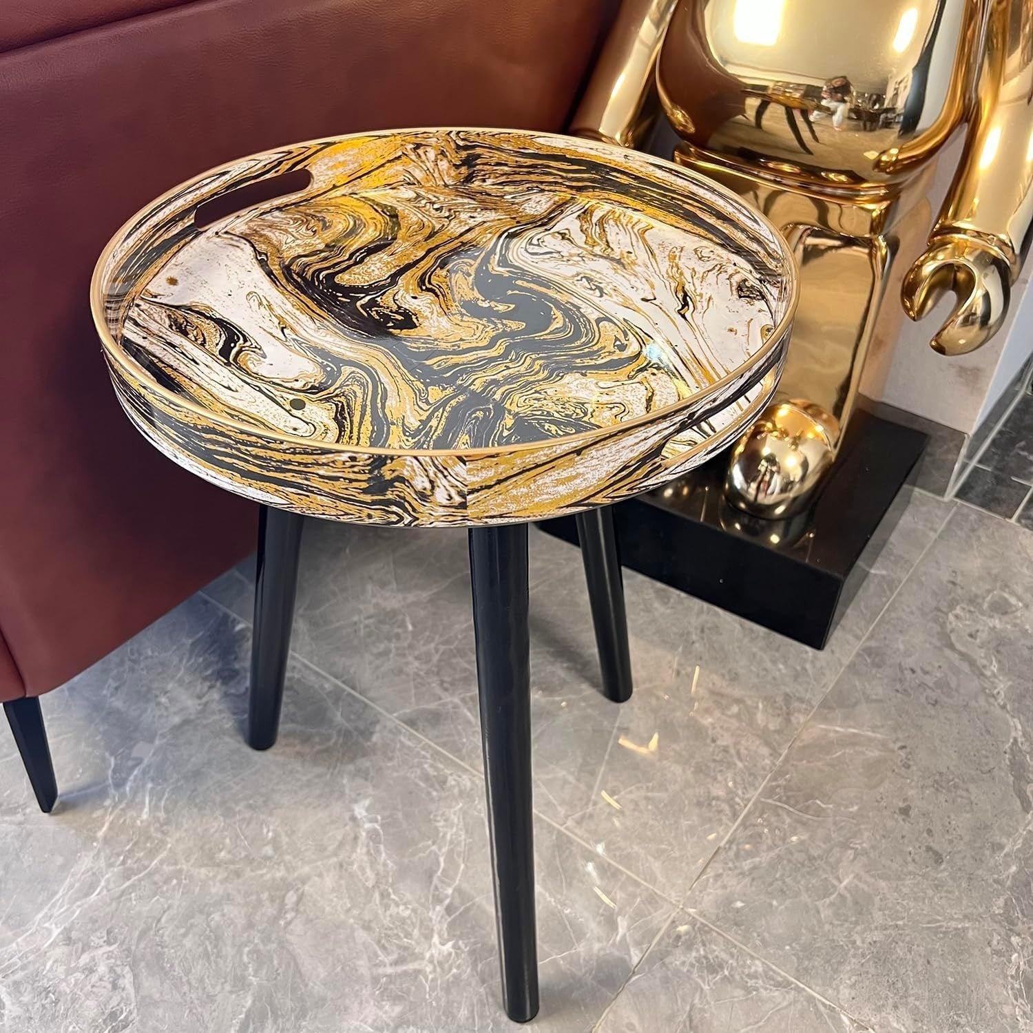 Round Side Table with Detachable Legs – 50x38x38cm Marble Black Gold