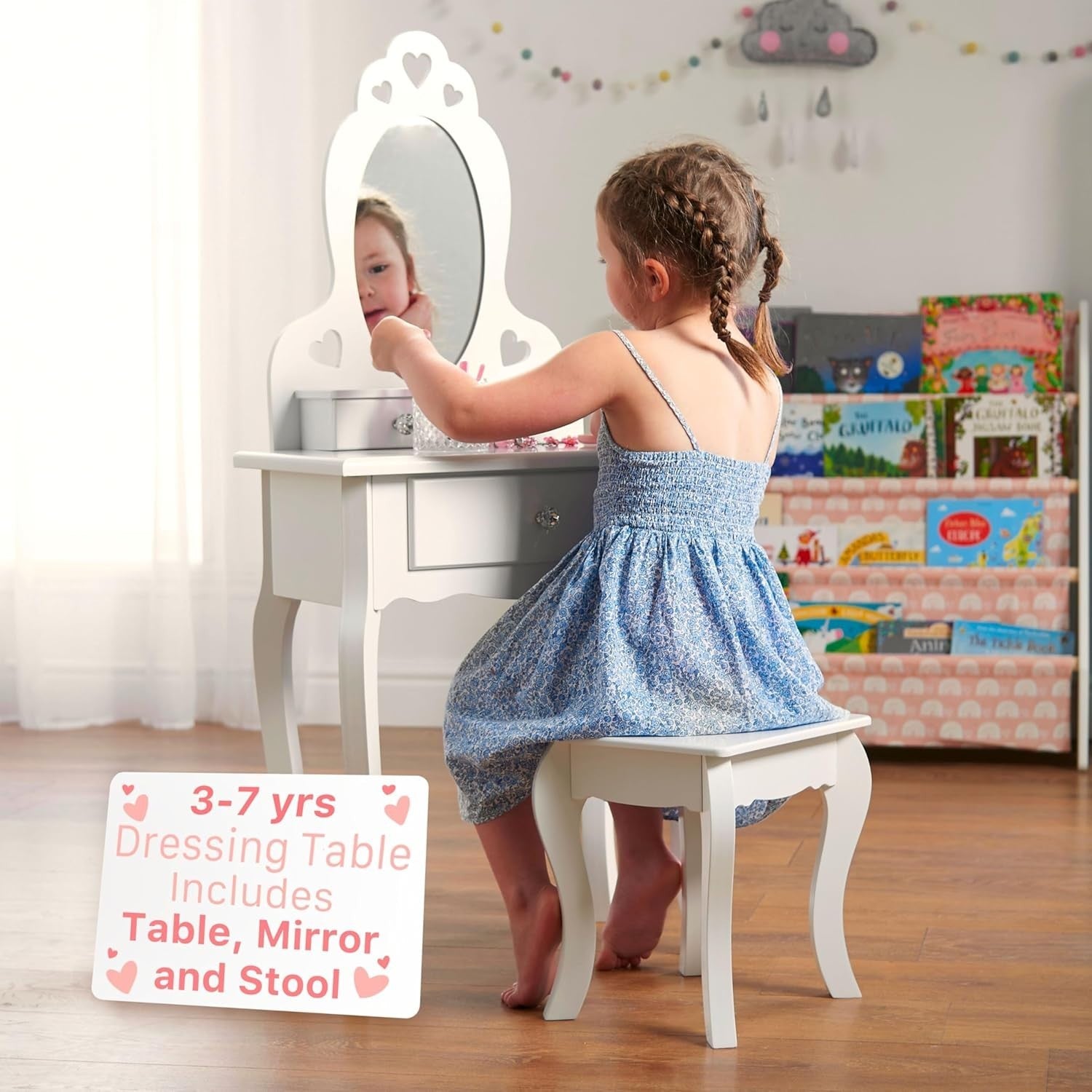 Kids White Wooden Dressing Table with Mirror & Stool Girls Vanity Set 3-7yrs