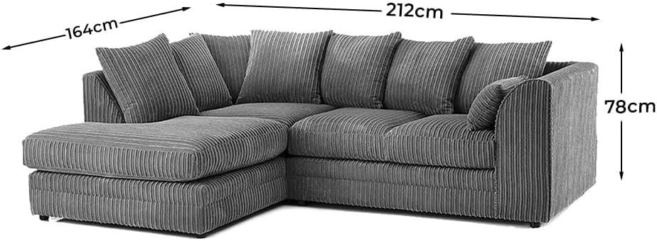 Modern Grey Jumbo Cord L Shape Sofa 4-5 Seater Set - Comfy & Durable
