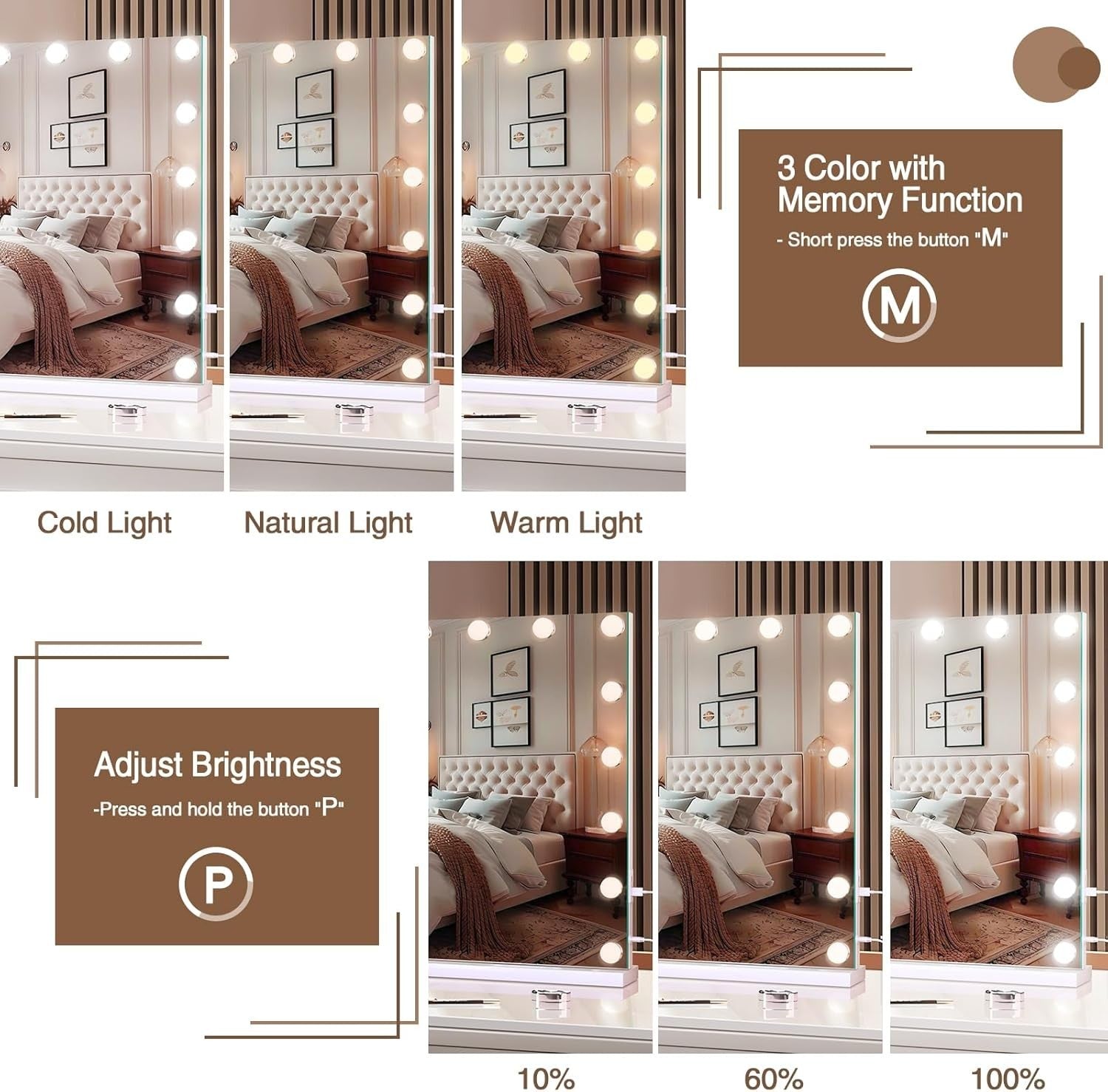 Hollywood Vanity Mirror with Lights, Touch Control, USB Ports, 60x80cm