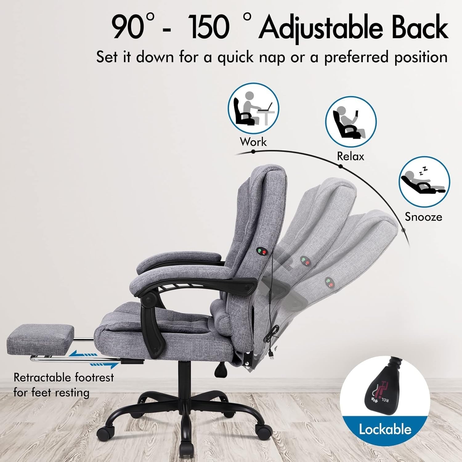 Massage Office Chair Recliner Executive Desk PC Gaming Linen Fabric Swivel Footr