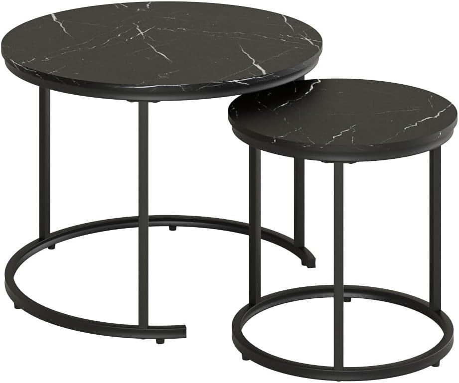 Round Nesting Coffee Tables Set of 2 – Grey Top Black Frame, Space- Black
