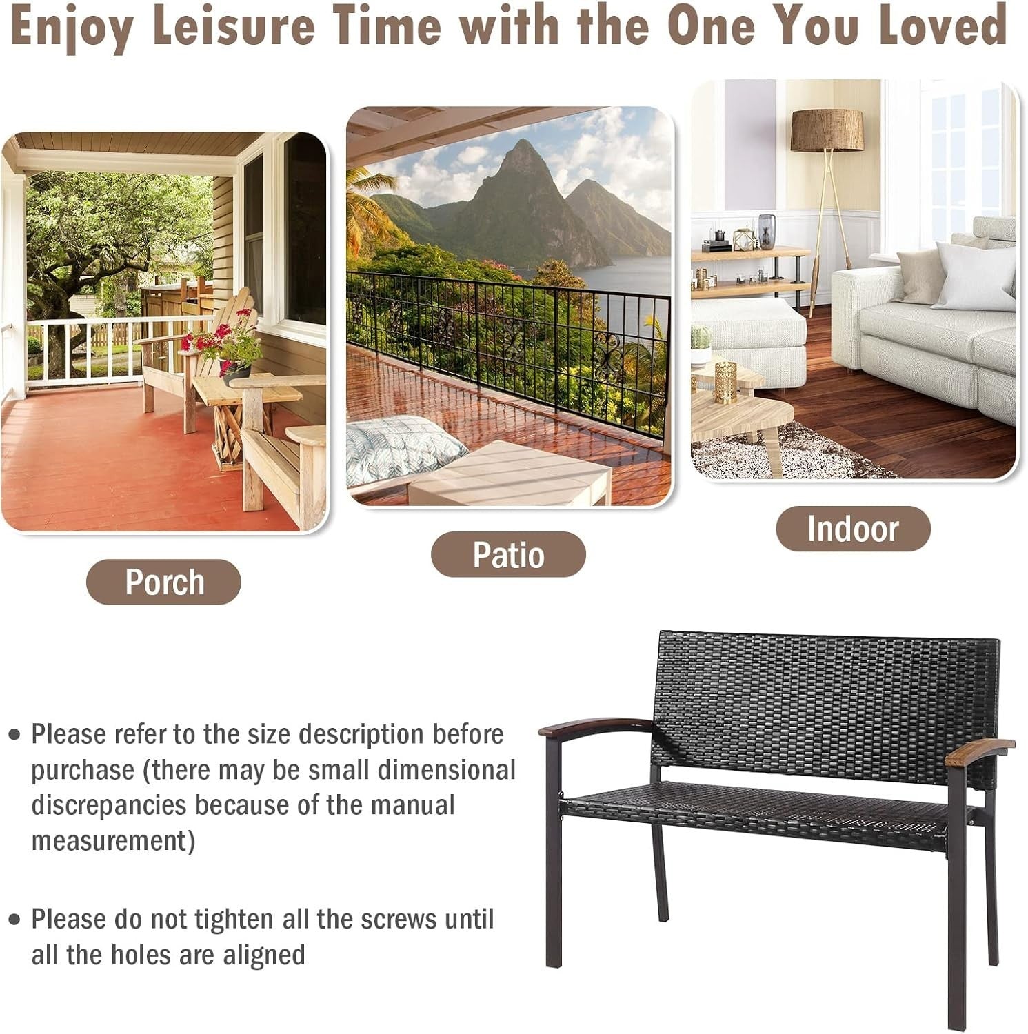 2 Seater Outdoor Rattan Garden Bench with Wood Armrests Patio Seating