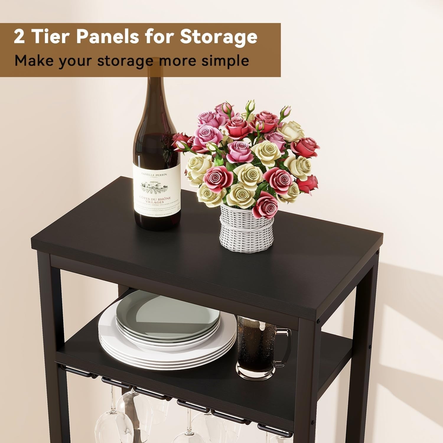 Freestanding Wine Rack 16 Bottle Storage with Hanging Glass Holder Black Shelf