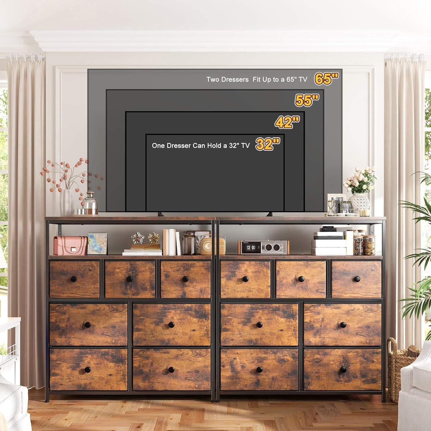 Tall Chest of Drawers Storage Unit 7 Fabric Drawers, Wood Top, Shelves