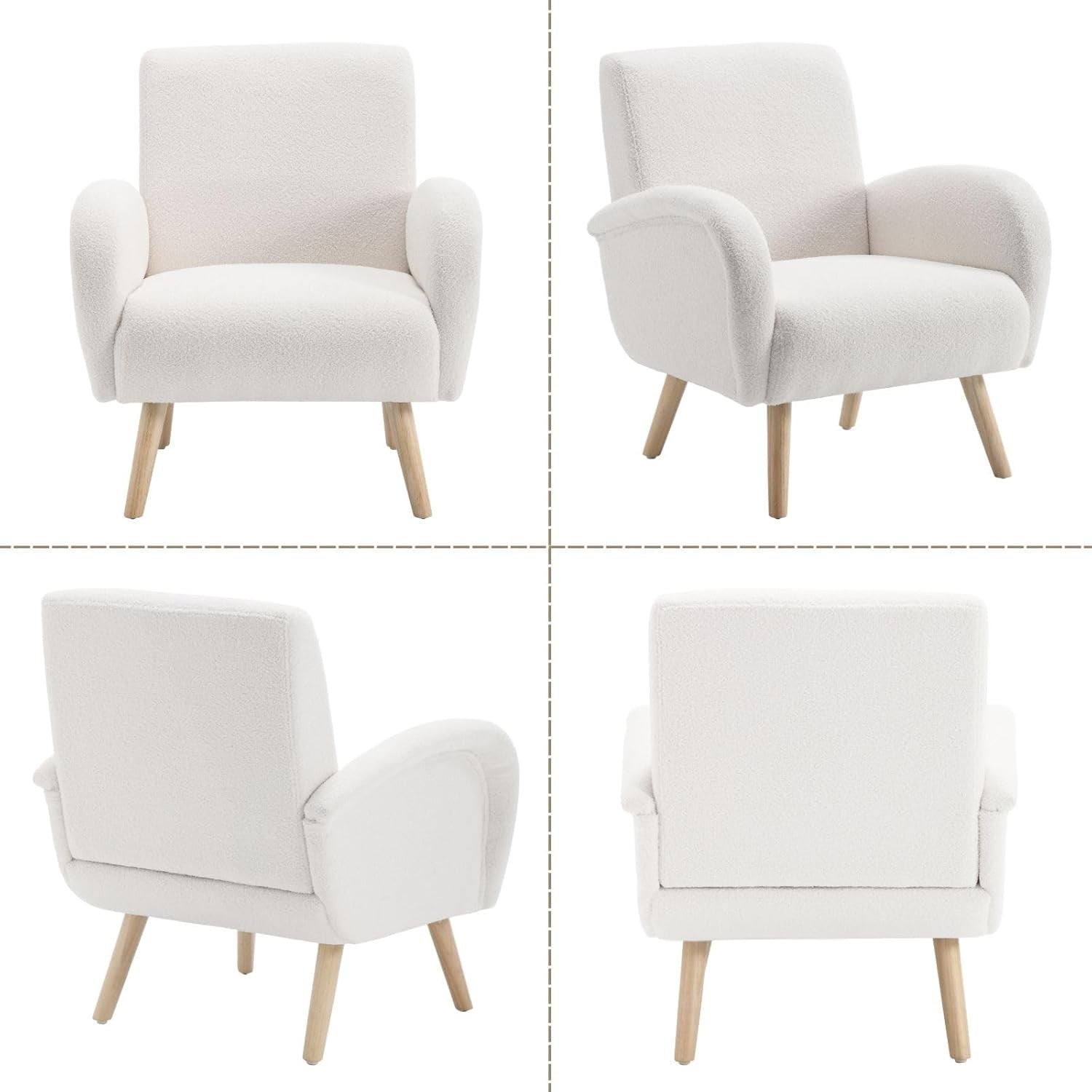 White Faux Fur Accent Tub Chair Wooden Legs Modern Armchair