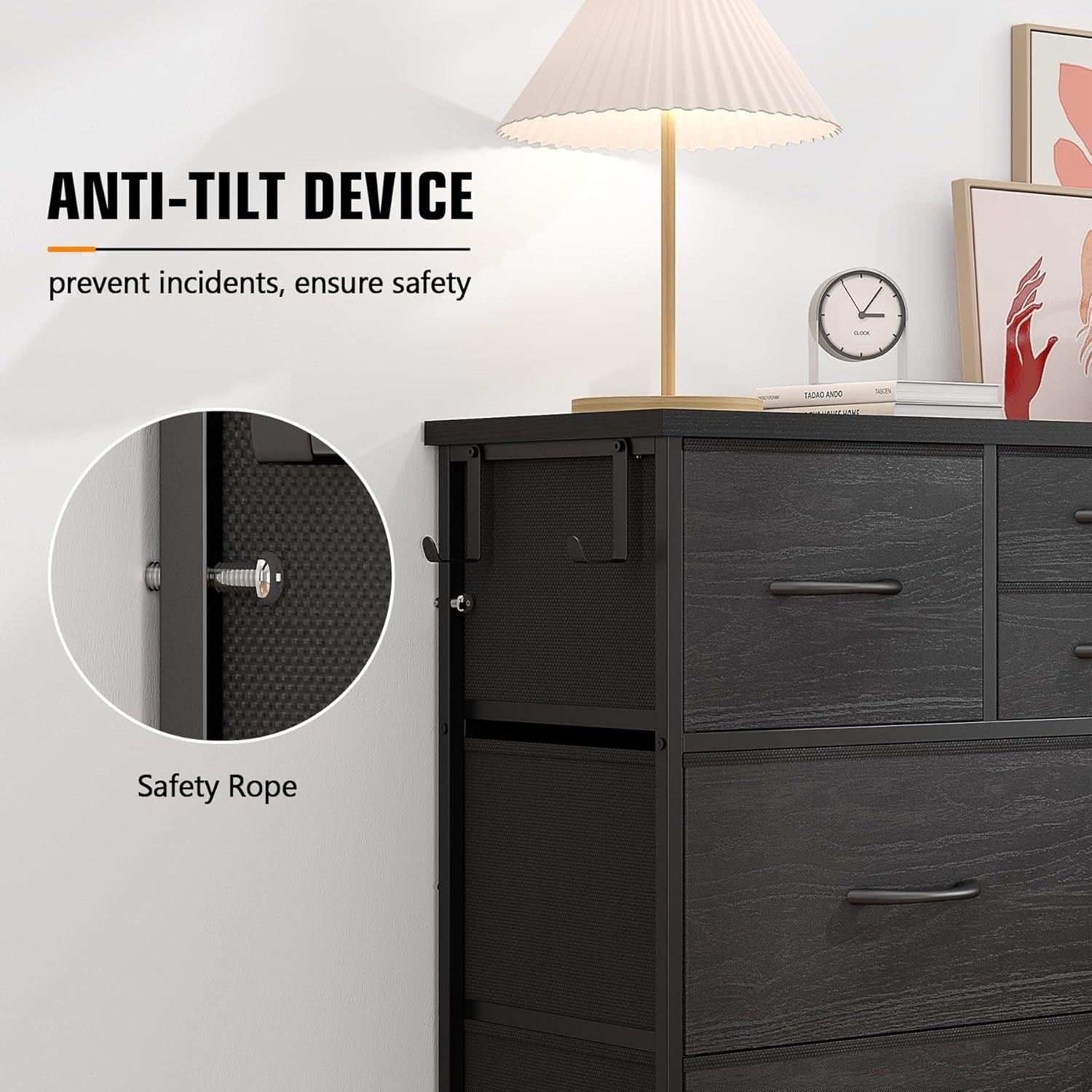Black Wood Grain 10 Drawer Tall Chest with Fabric Drawers & Side Storage