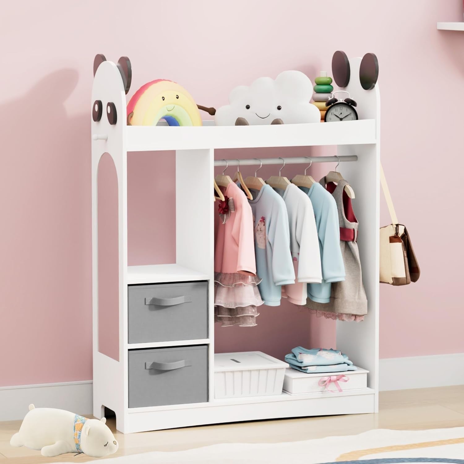 Kids Dress Up Wardrobe with Mirror, Hanging Rail & 2 Drawers for Clothes
