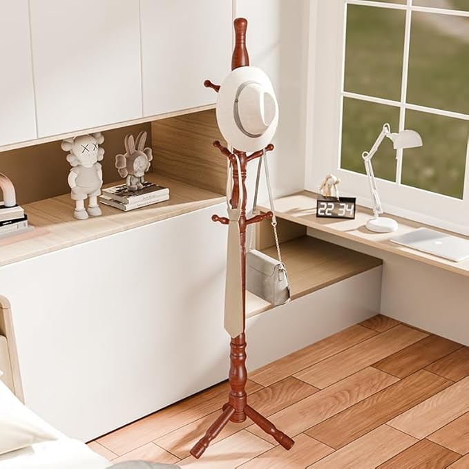 Wooden Coat Stand 9 Hooks Solid Wood Hall Tree Freestanding 185cm Teak