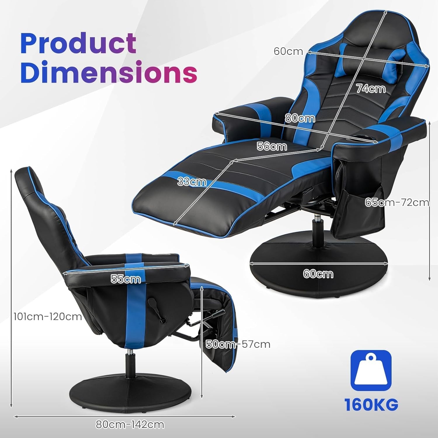 Massage Gaming Chair Recliner w/ Footrest Cup Holder Blue