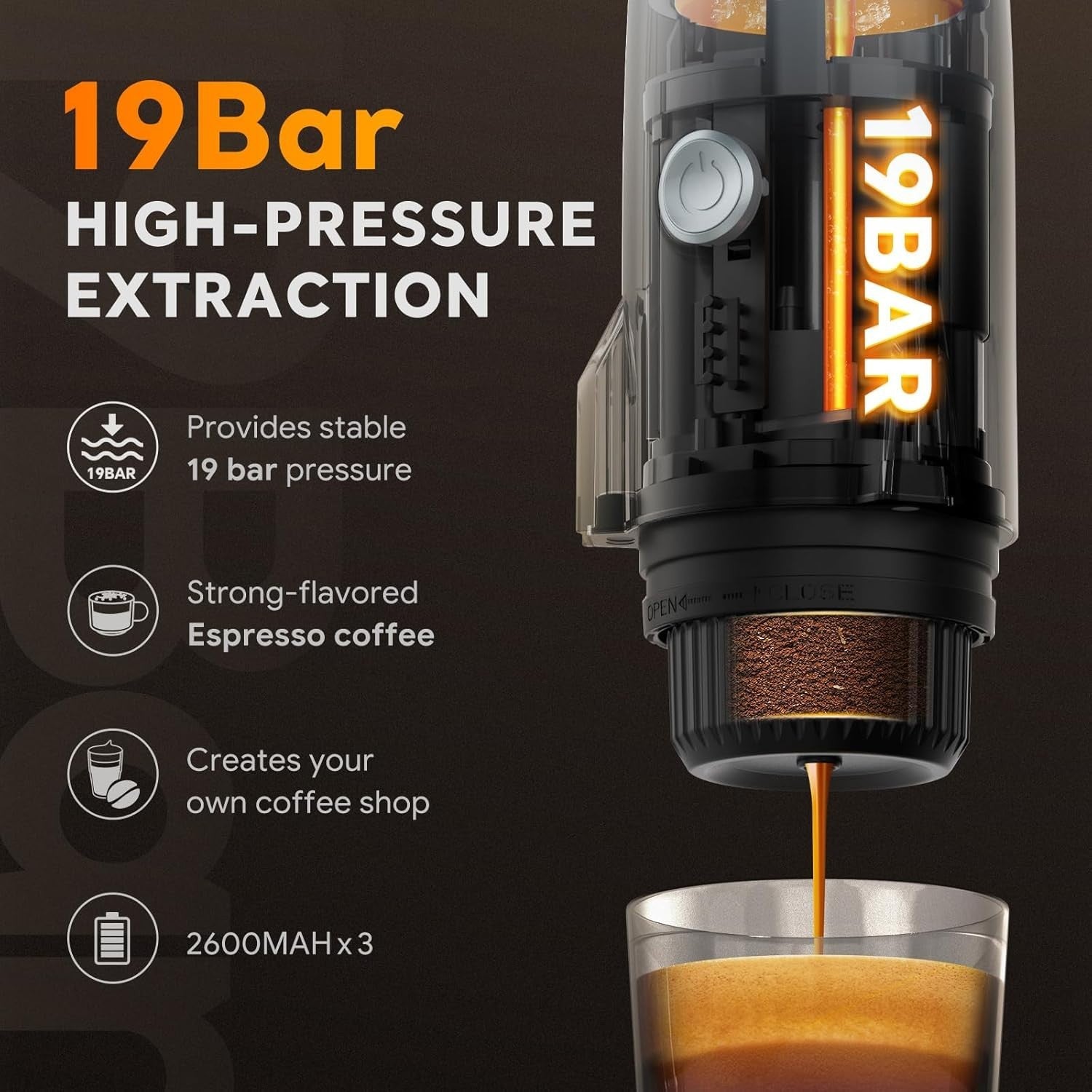 3-in-1 Portable Espresso Maker 19Bar Travel Coffee Machine USB-C Heated Brewer