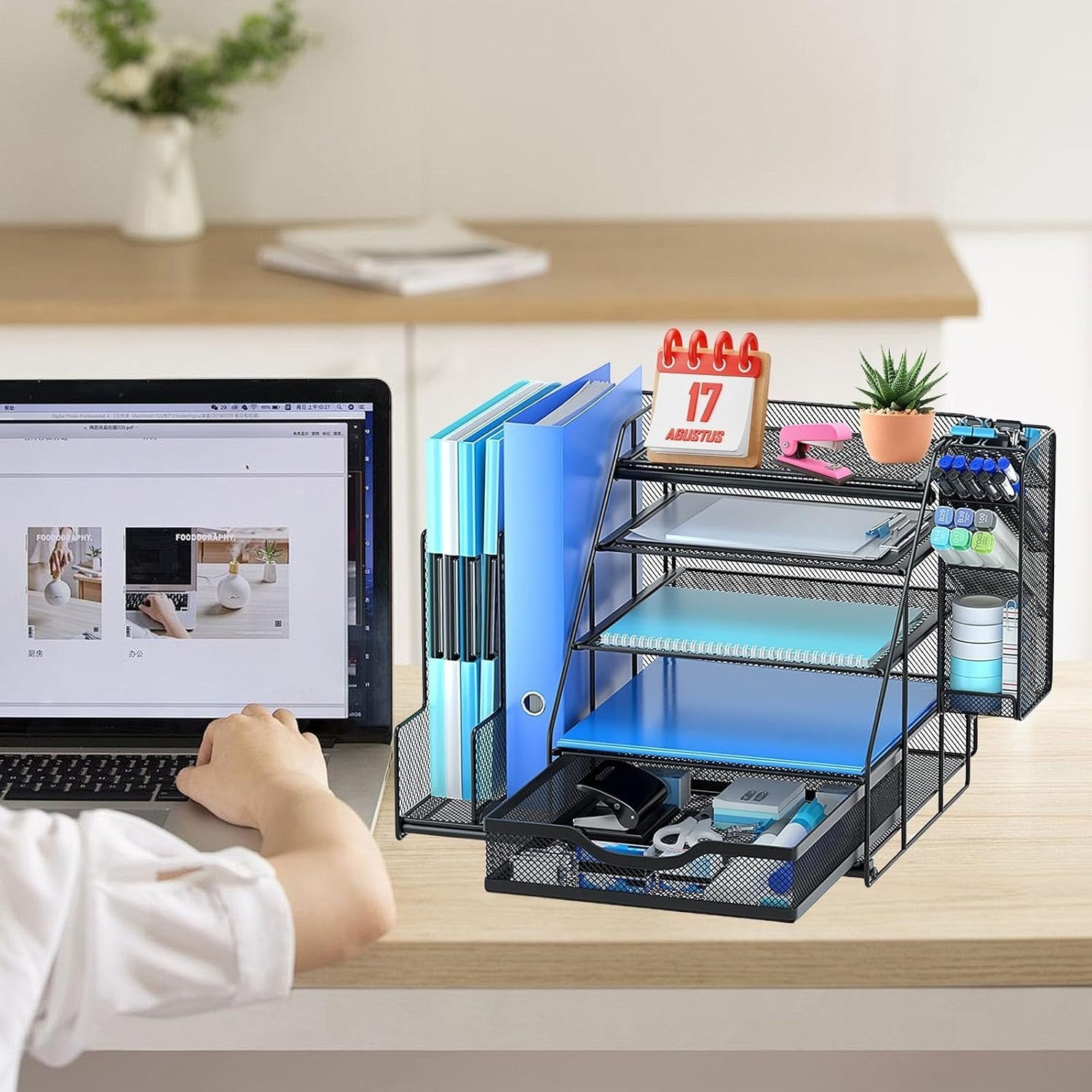 5-Tier Desk Organizer with File Holders, Drawer & Pen Storage – Metal Mesh
