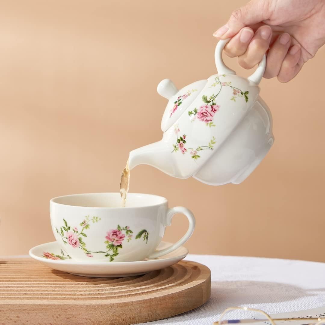 Tea For One Porcelain Teapot Cup Set Floral Pink Tea Set with Saucer